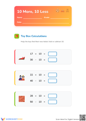 10 More, 10 Less: Toy Theme Worksheet