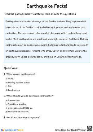 Earthquake Facts Reading Comprehension Worksheet