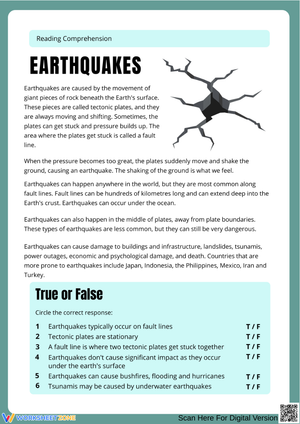 Earthquakes Reading Comprehension Worksheet