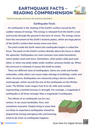 Earthquake Facts Reading Comprehension Worksheet