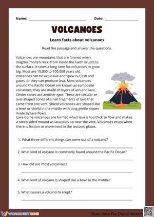 Volcanoes Facts Reading Comprehension Worksheet
