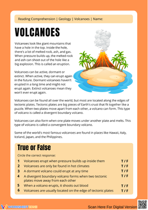 Volcanoes Reading Comprehension Worksheet