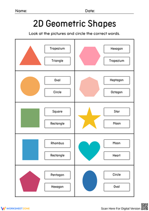 2D Geometric Shapes Worksheet – Circle the Correct Term