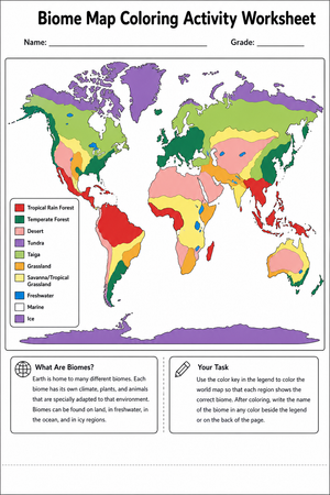 Printable Biome Map Coloring Worksheet | Grade 6 Science