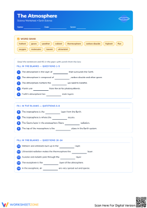 The Atmosphere – Fill in the Blanks Worksheet