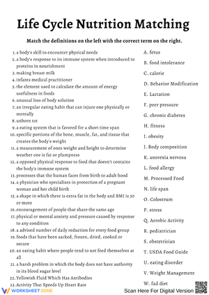 Life Cycle Nutrition Matching Worksheet