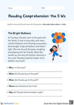 Reading Comprehension: The 5 Ws Worksheet