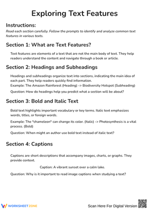 Exploring Text Features Worksheet