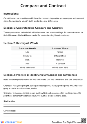 Compare and Contrast Reading Skills Worksheet