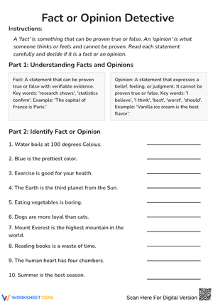 Fact or Opinion Detective Worksheet