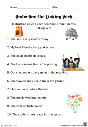 Underline the Linking Verb Practice Worksheet