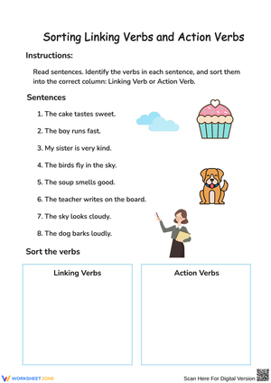 Sorting Linking Verbs and Action Verbs Worksheet