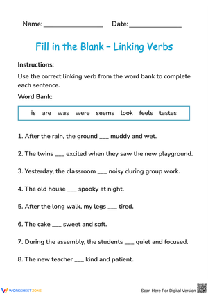 Linking Verbs Fill in the Blank Practice