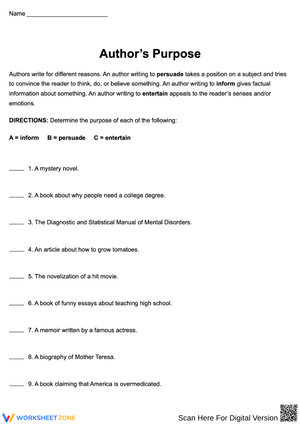 Author’s Purpose Worksheet: Inform, Persuade, Entertain