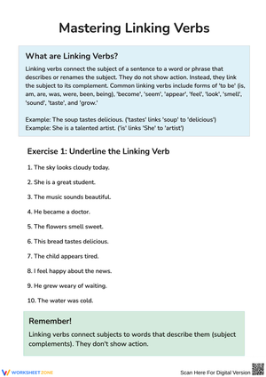 Mastering Linking Verbs Worksheet