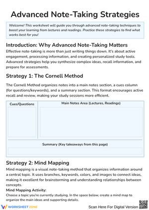 Advanced Note-Taking Strategies Worksheet