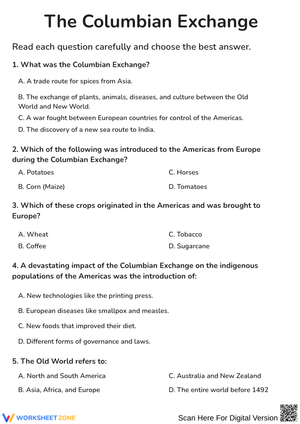 The Columbian Exchange Multiple-Choice Worksheet