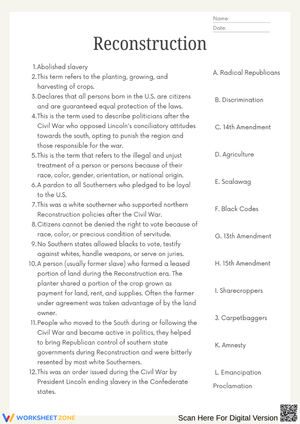 Reconstruction Vocabulary Matching Worksheet