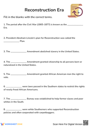 Reconstruction Era Fill-in-the-Blanks Worksheet
