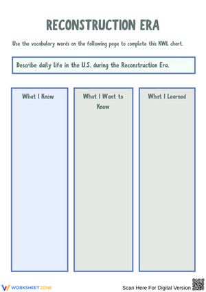 Reconstruction Era KWL Chart Worksheet