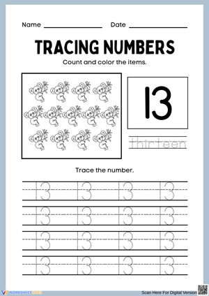 Tracing Numbers 13: Count and Color the Items