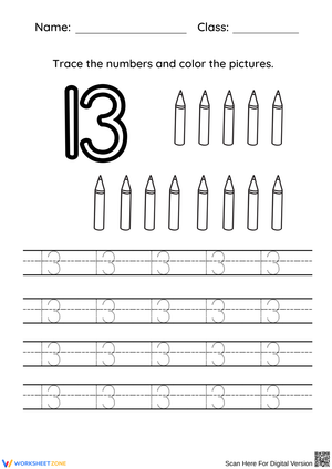 Trace Numbers 13 and Color the Pictures