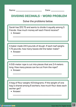 Dividing Decimals Word Problems Practice