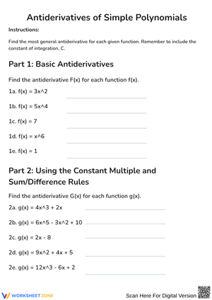 Antiderivatives of Simple Polynomials Worksheet