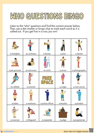 Who Questions Bingo Activity for Learning Professions