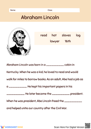 Abraham Lincoln Fill in the Blanks Worksheet