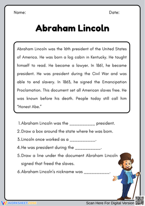 Abraham Lincoln Reading Comprehension Worksheet