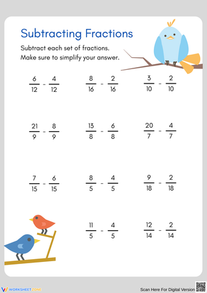 Subtracting Fractions Practice Worksheet