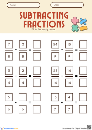 Subtracting Fractions Practice Worksheet
