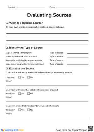 Evaluating Sources Worksheet for Students