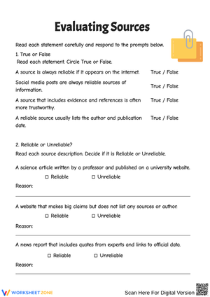 Evaluating Sources: Reliable or Unreliable Worksheet