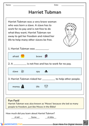 Harriet Tubman Reading Comprehension Worksheet