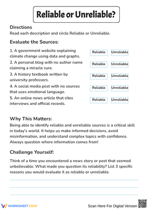 Reliable or Unreliable Sources Worksheet