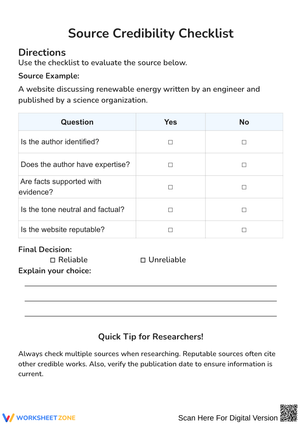 Source Credibility Checklist for Evaluating Sources