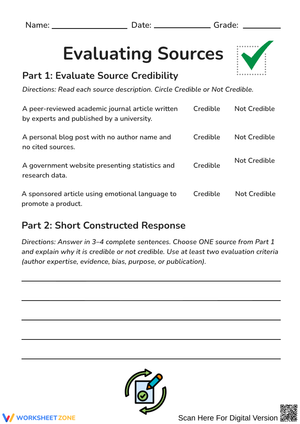 Evaluating Sources: Credible or Not Credible Worksheet