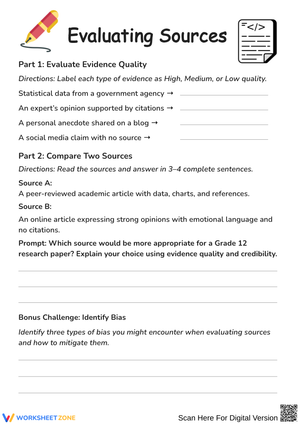 Evaluating Sources: Evidence Quality and Bias Worksheet