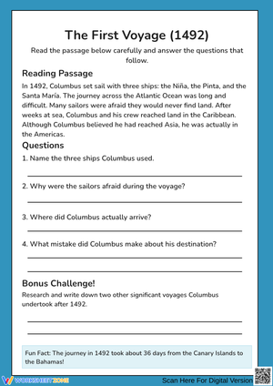 Columbus First Voyage Reading Worksheet Grade 7