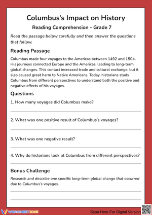 Columbus’s Impact on History Reading Worksheet