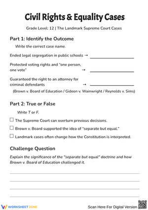 Civil Rights and Equality Supreme Court Cases Worksheet