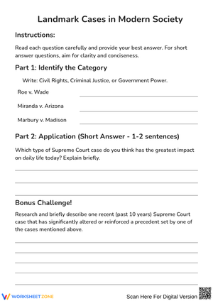 Landmark Cases in Modern Society Worksheet