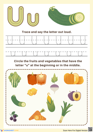 Letter U: Trace and Identify Fruits and Vegetables