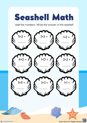 Seashell Math Worksheets for Addition Skills