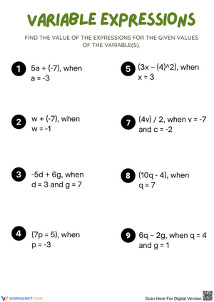 Variable Expressions Worksheet for Solving Algebra