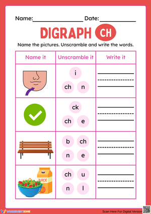 Explore Digraph CH: Fun Unscramble and Write Activity