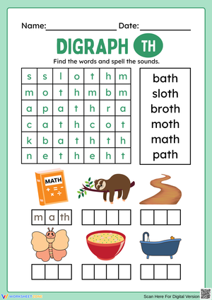 Digraph TH Word Search and Spelling Activity