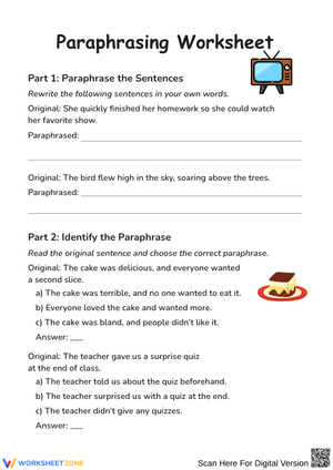 Paraphrasing Practice Worksheet for Grade 6